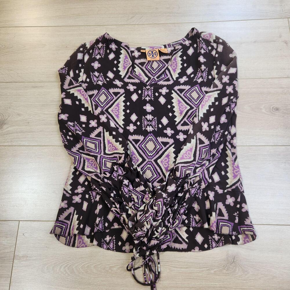 Tory Burch Blouse Womens 4 Black Purple Aztec Silk V Neck Drawstring Top